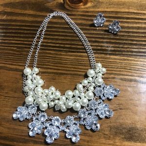 Handmade statement necklace and earring set, pearl and crystal